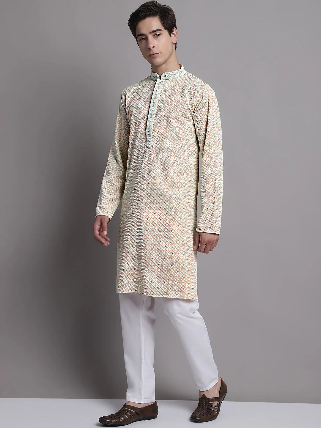 Peach Chikankari Kurta Pajama Set for Men | Ethnic Style