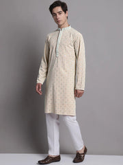 Men's Peach Chikankari Embroidered and Sequence Kurta with Pyjama.