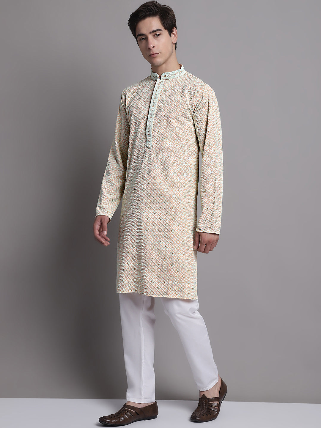 Peach Chikankari Kurta Pajama Set for Men | Ethnic Style