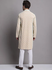Men's Peach Chikankari Embroidered and Sequence Kurta with Pyjama.