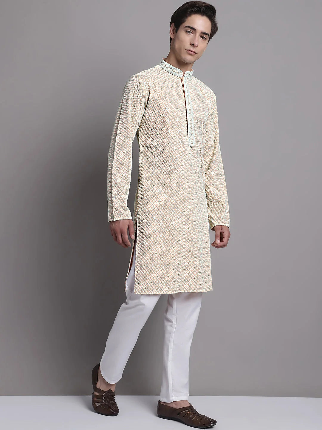 Peach Chikankari Kurta Pajama Set for Men | Ethnic Style