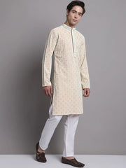 Men's Peach Chikankari Embroidered and Sequence Kurta with Pyjama.