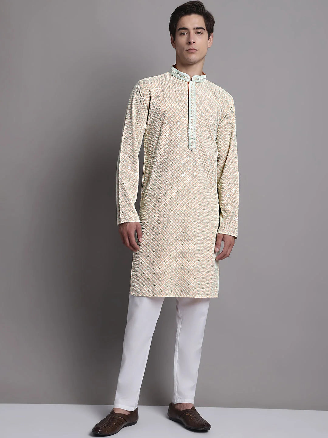 Peach Chikankari Kurta Pajama Set for Men | Ethnic Style