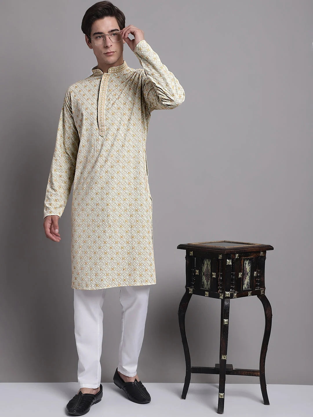 Light Green Chikankari Kurta Pajama Set | Men's Ethnic Wear
