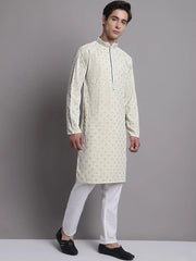 Men's Yellow Chikankari Embroidered and Sequence Kurta with Pyjama.