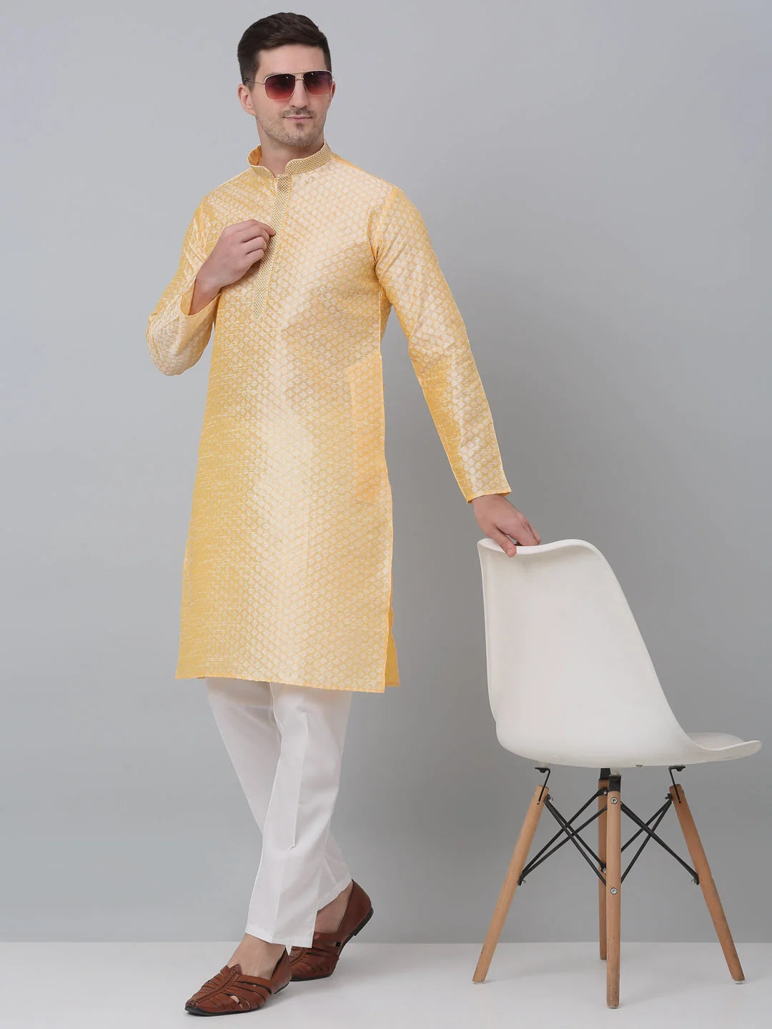 Mens Golden Kurta Pajama Set: Embroidered Cotton Pathani Style