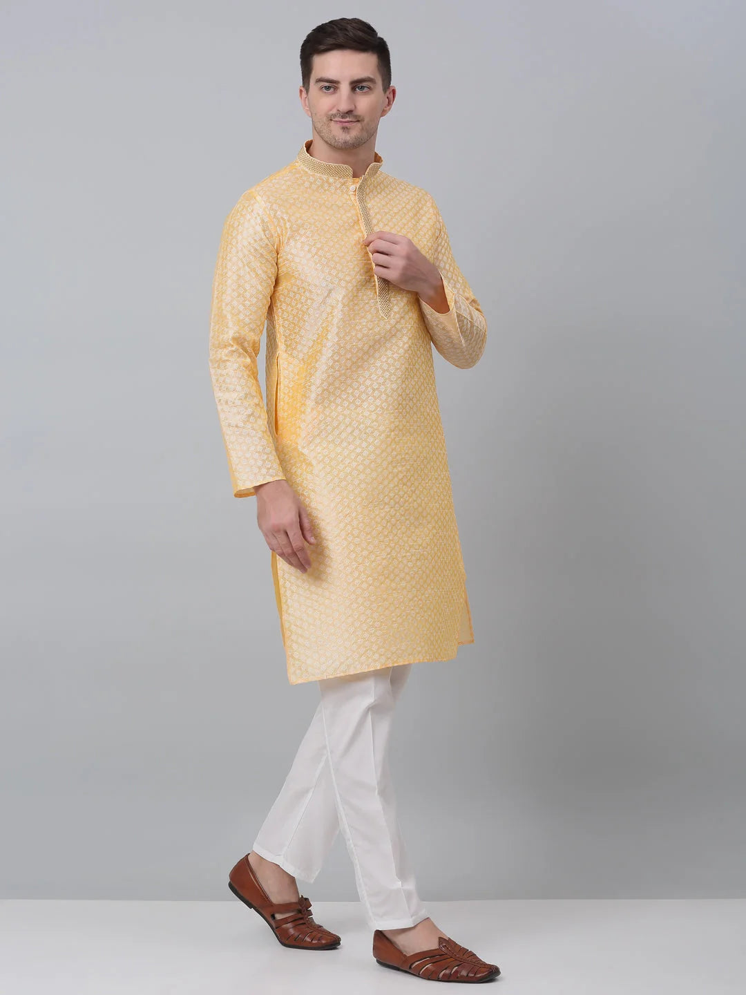 Mens Golden Kurta Pajama Set: Embroidered Cotton Pathani Style