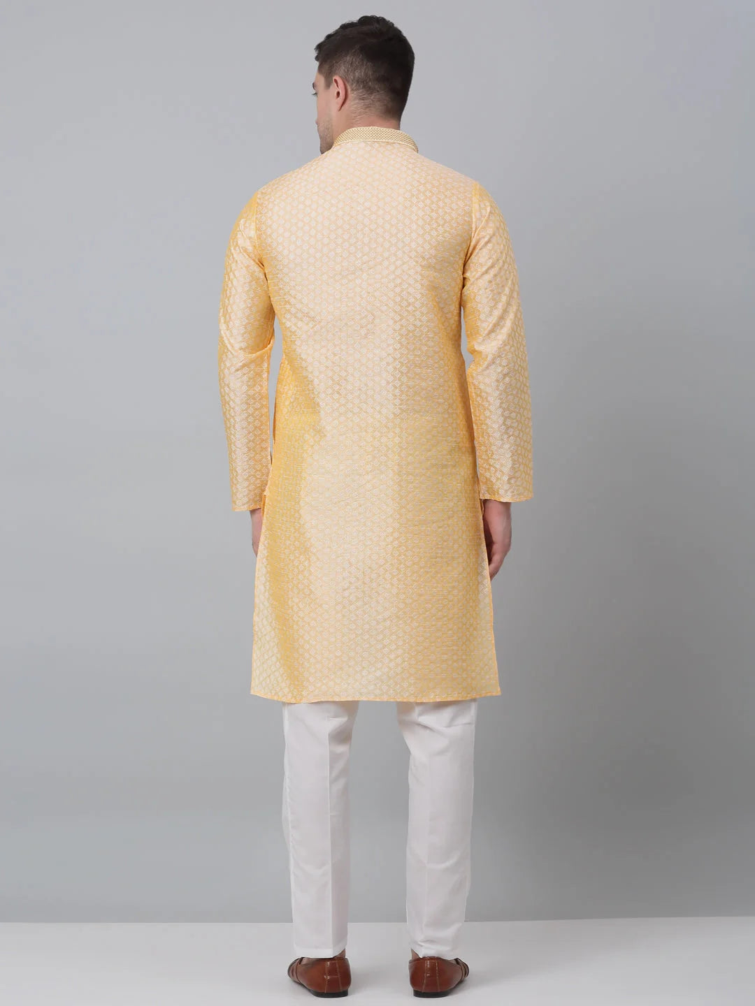 Mens Golden Kurta Pajama Set: Embroidered Cotton Pathani Style