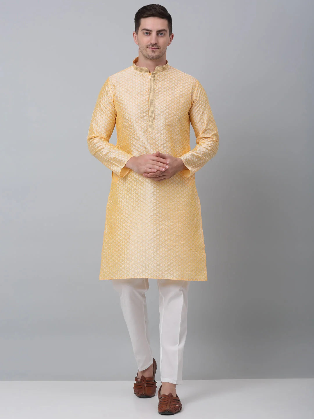 Mens Golden Kurta Pajama Set: Embroidered Cotton Pathani Style