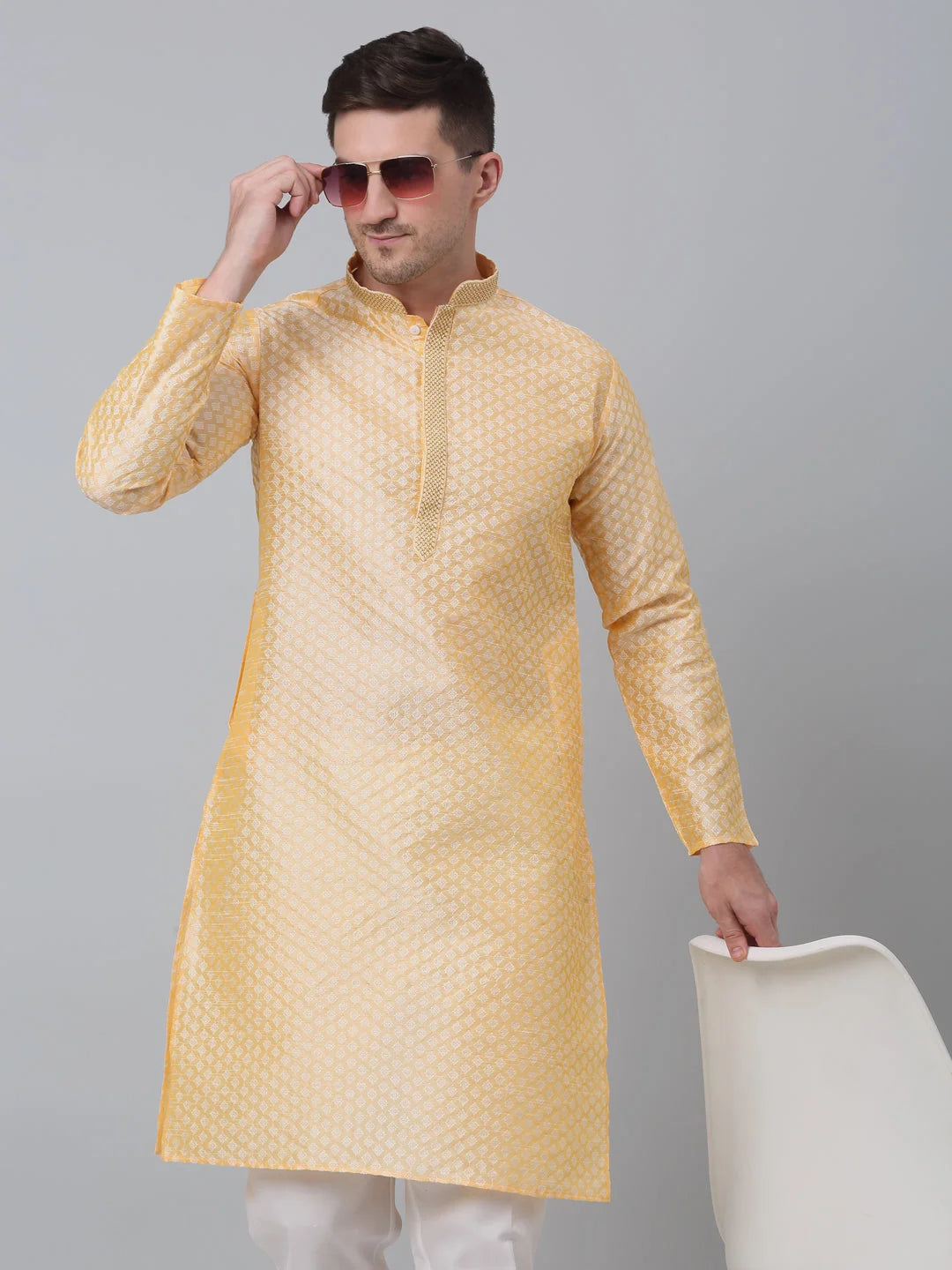 Mens Golden Kurta Pajama Set: Embroidered Cotton Pathani Style