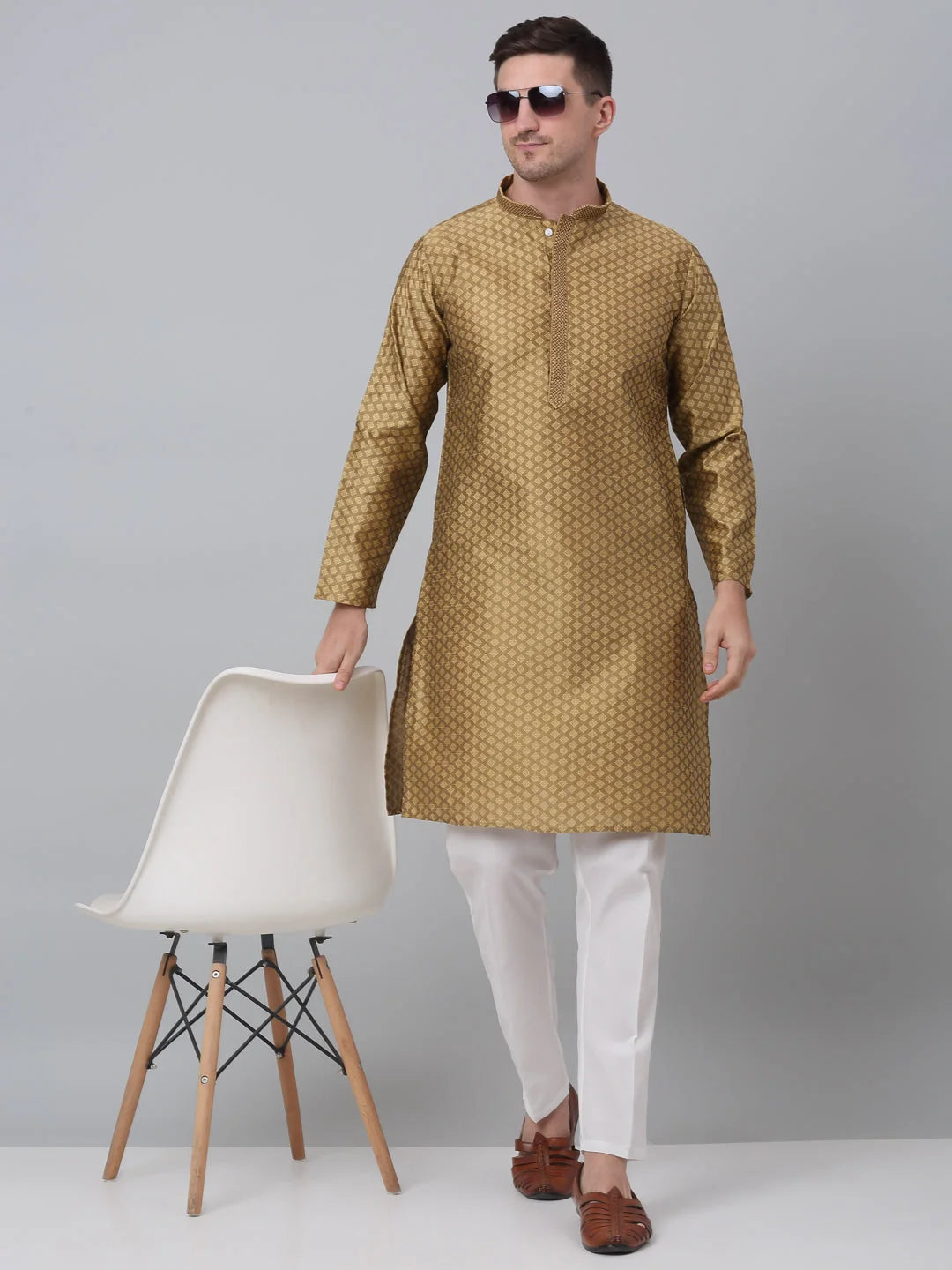 Mustard Kurta Pajama Set for Men: Embroidered Cotton Ethnic Wear