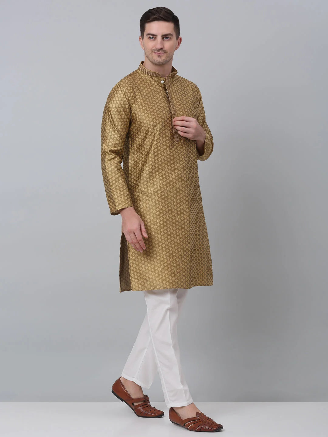 Mustard Kurta Pajama Set for Men: Embroidered Cotton Ethnic Wear