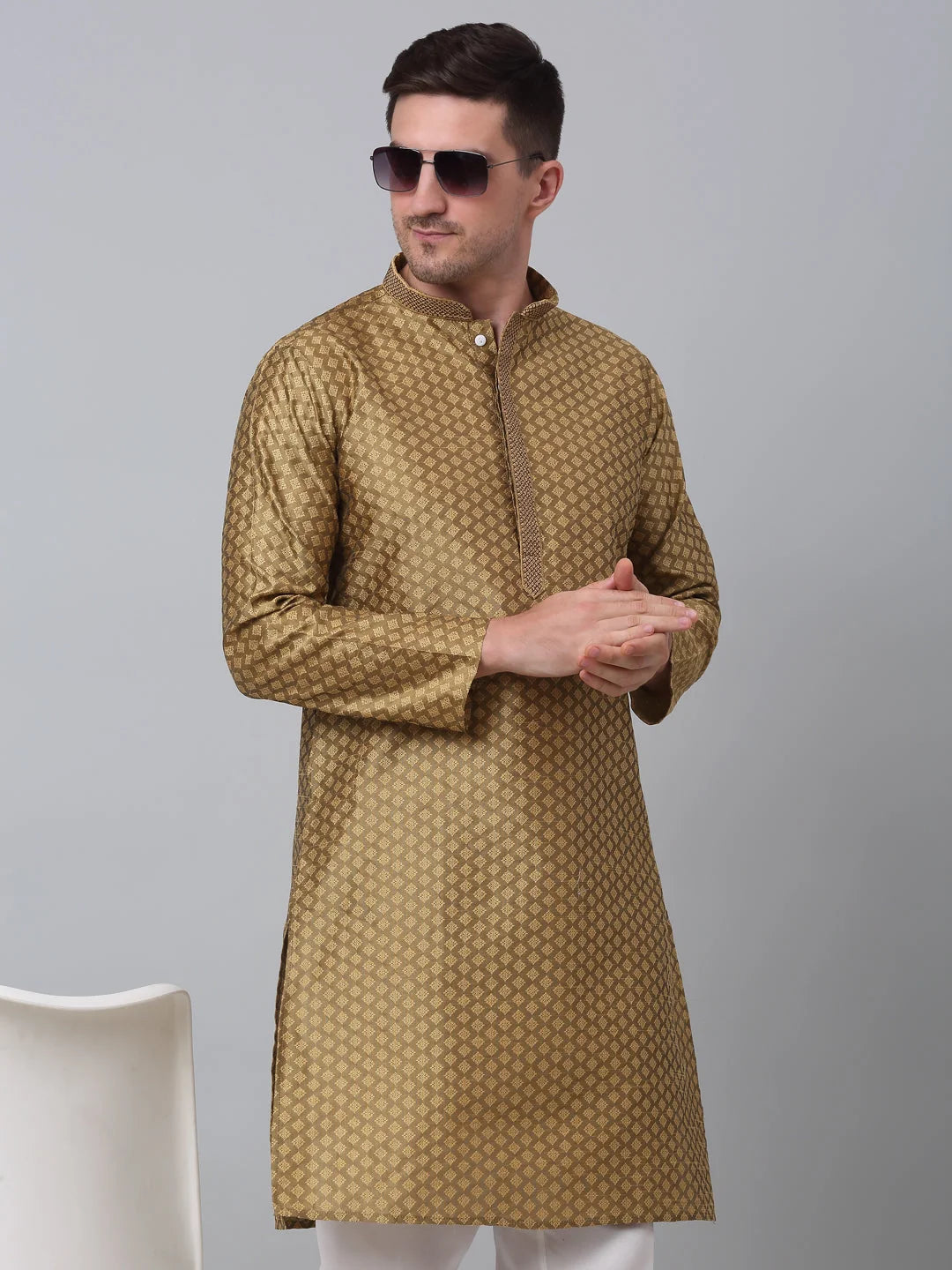 Mustard Kurta Pajama Set for Men: Embroidered Cotton Ethnic Wear
