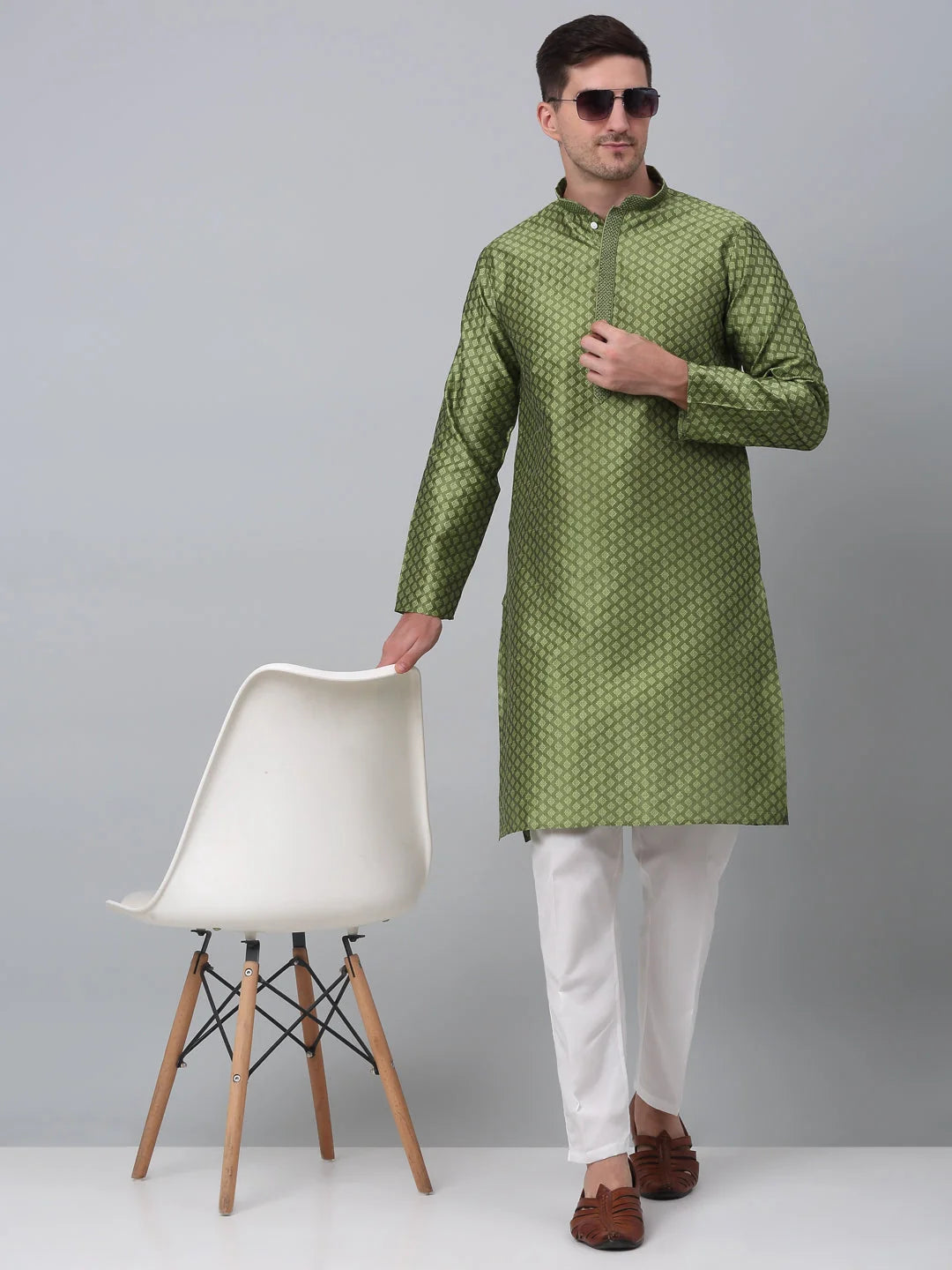 Olive Green Kurta Pajama Set: Mens Embroidered Cotton Ethnic Wear