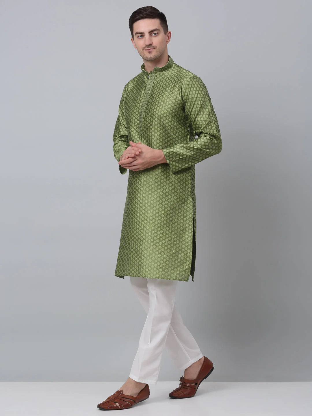 Olive Green Kurta Pajama Set: Mens Embroidered Cotton Ethnic Wear