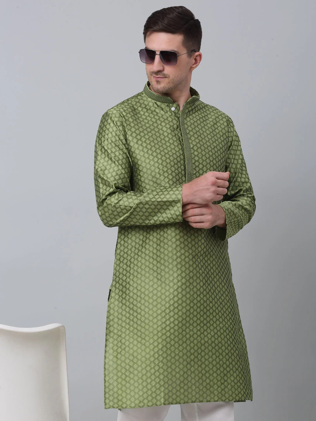 Olive Green Kurta Pajama Set: Mens Embroidered Cotton Ethnic Wear