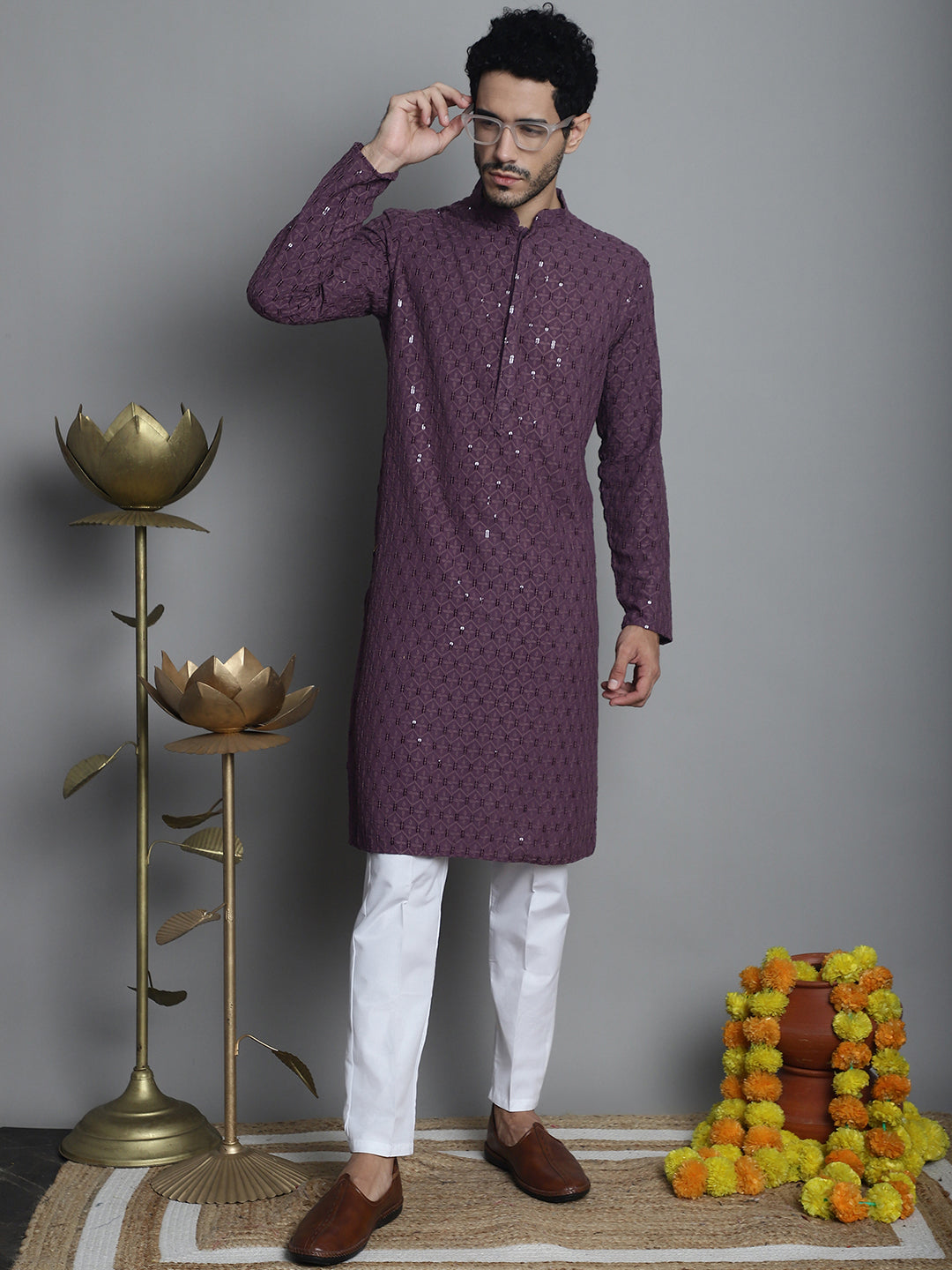 Men's Chikankari Embroidered Solid and Sequence Kurta with Pyjama