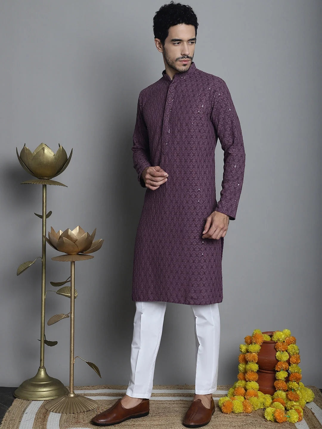 Mens Chikankari Kurta Pajama Set - Embroidered Kurta Pajama