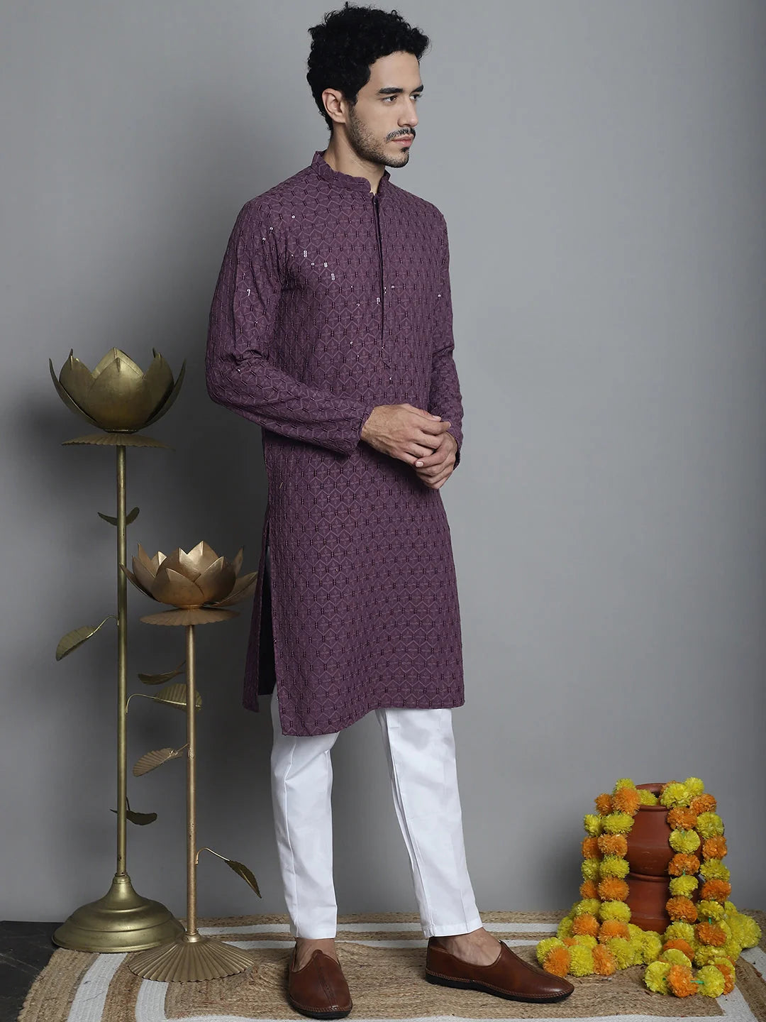 Mens Chikankari Kurta Pajama Set - Embroidered Kurta Pajama