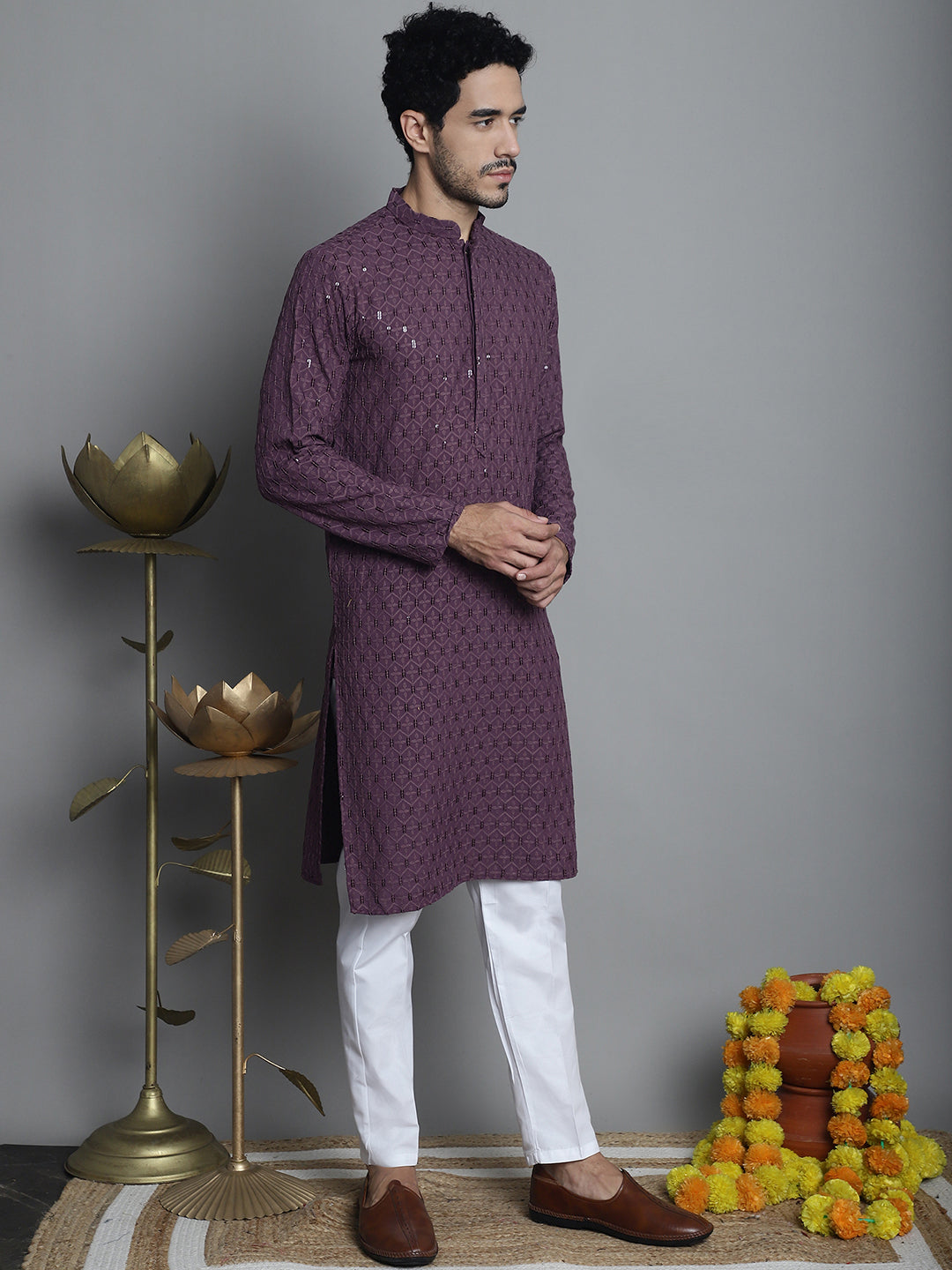 Mens Chikankari Kurta Pajama Set - Embroidered Kurta Pajama