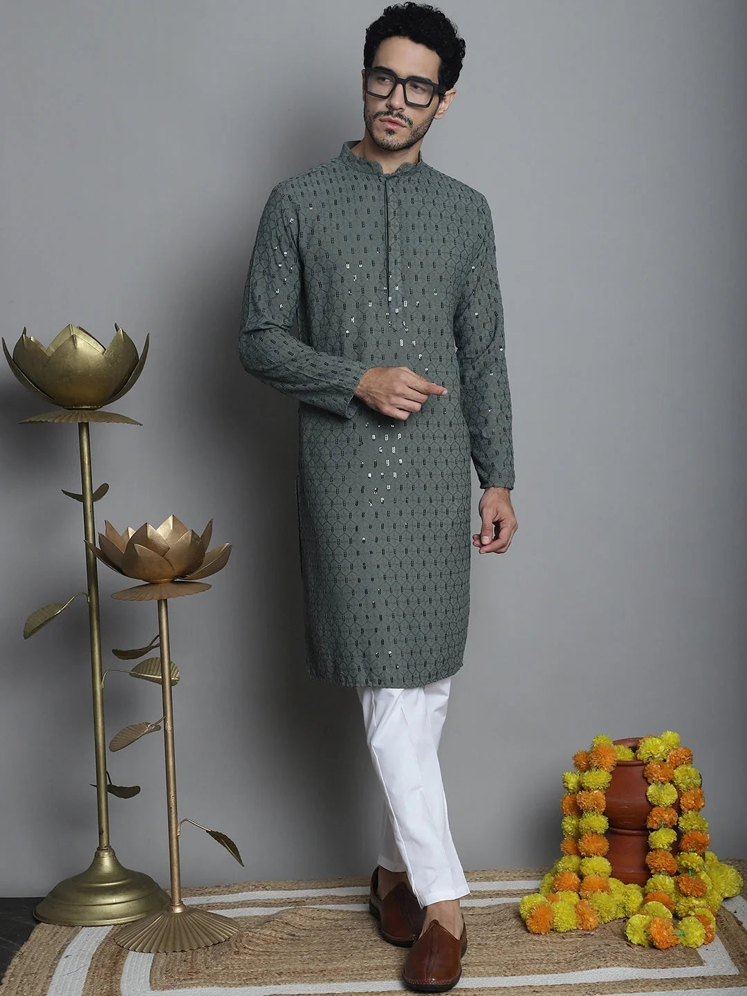 Green Chikankari Kurta Pajama Set for Men | Mens Kurta Pajama