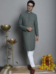 Men's Chikankari Embroidered and Sequence Kurta with Pyjama-Green