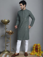 Men's Chikankari Embroidered and Sequence Kurta with Pyjama-Green