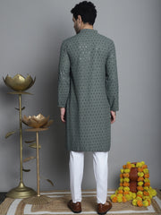 Men's Chikankari Embroidered and Sequence Kurta with Pyjama-Green
