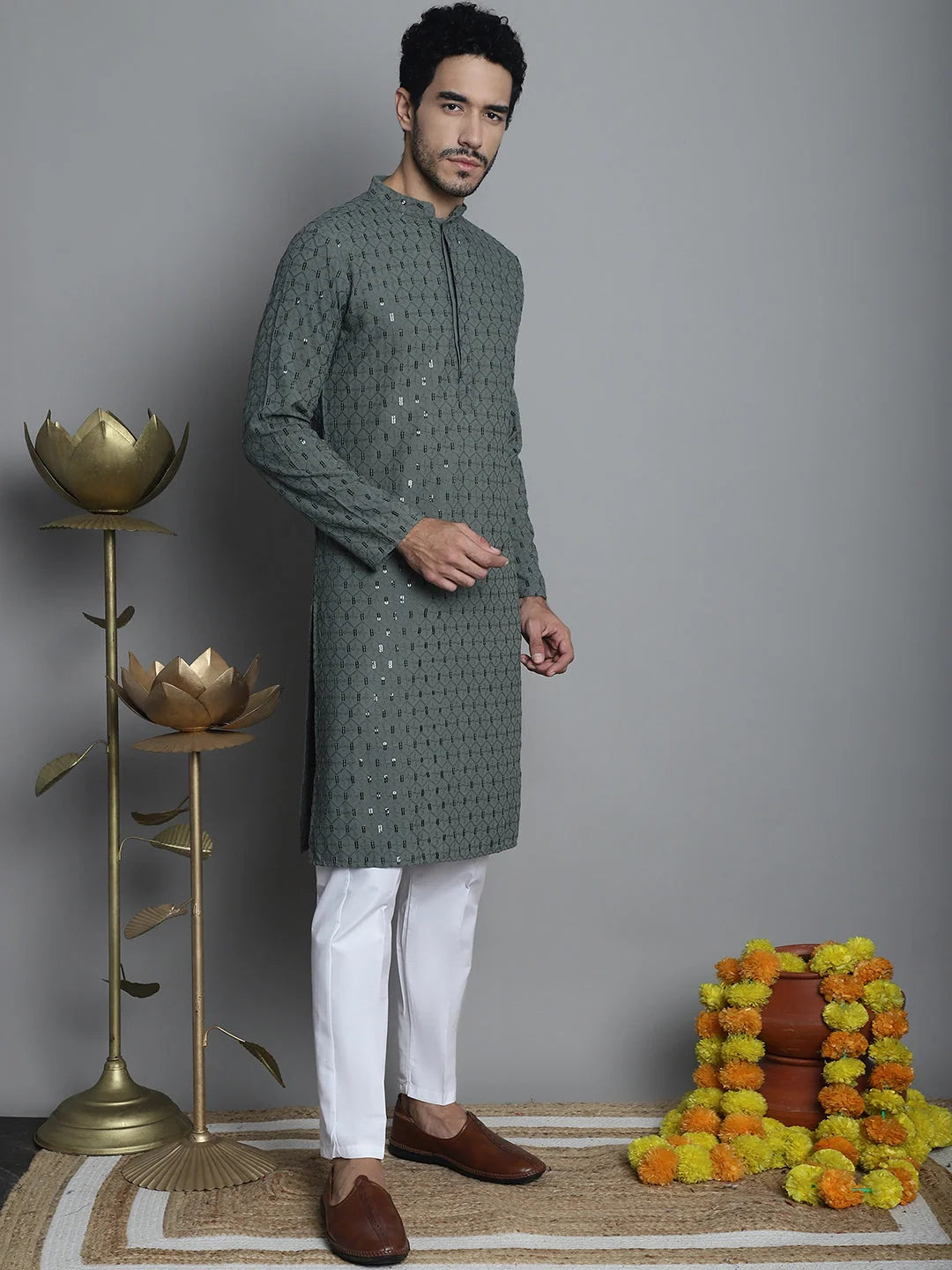 Green Chikankari Kurta Pajama Set for Men | Mens Kurta Pajama