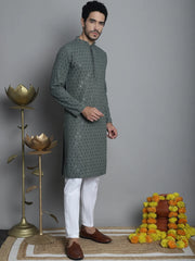 Men's Chikankari Embroidered and Sequence Kurta with Pyjama-Green