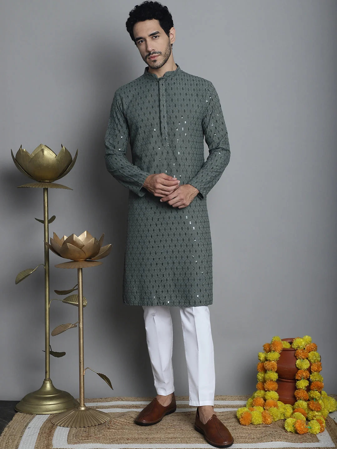 Green Chikankari Kurta Pajama Set for Men | Mens Kurta Pajama