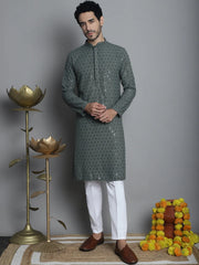 Men's Chikankari Embroidered and Sequence Kurta with Pyjama-Green