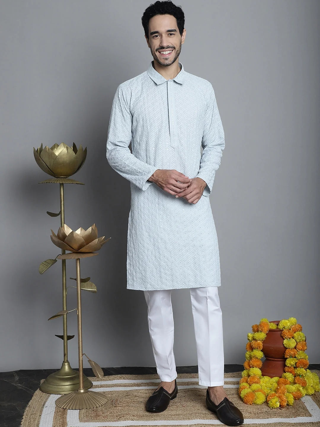 Men's Chikankari Kurta Pajama Set - Embroidered Rayon