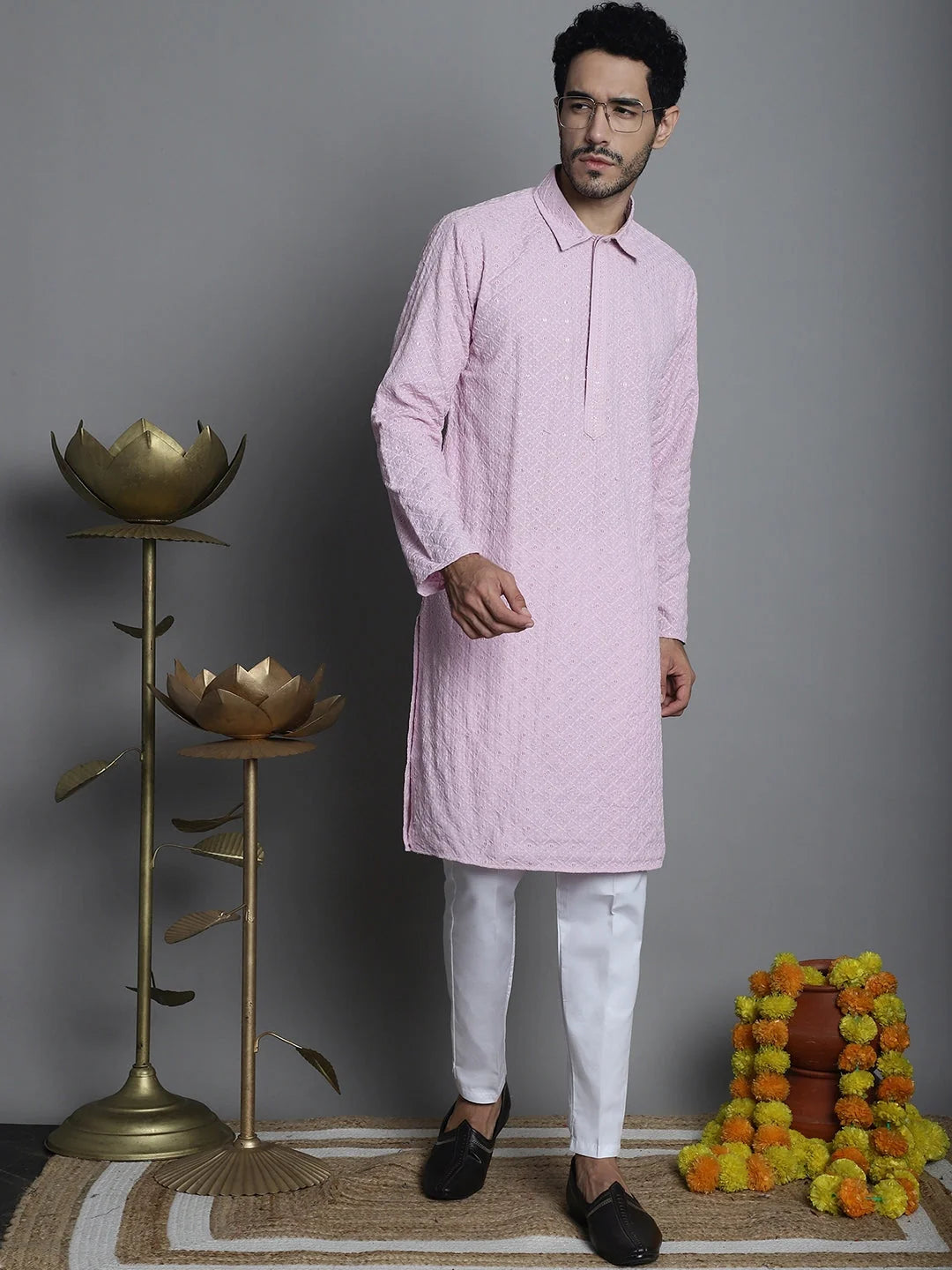 Men's Chikankari Embroidered and Sequence Kurta with Pyjama-JOKP P5011