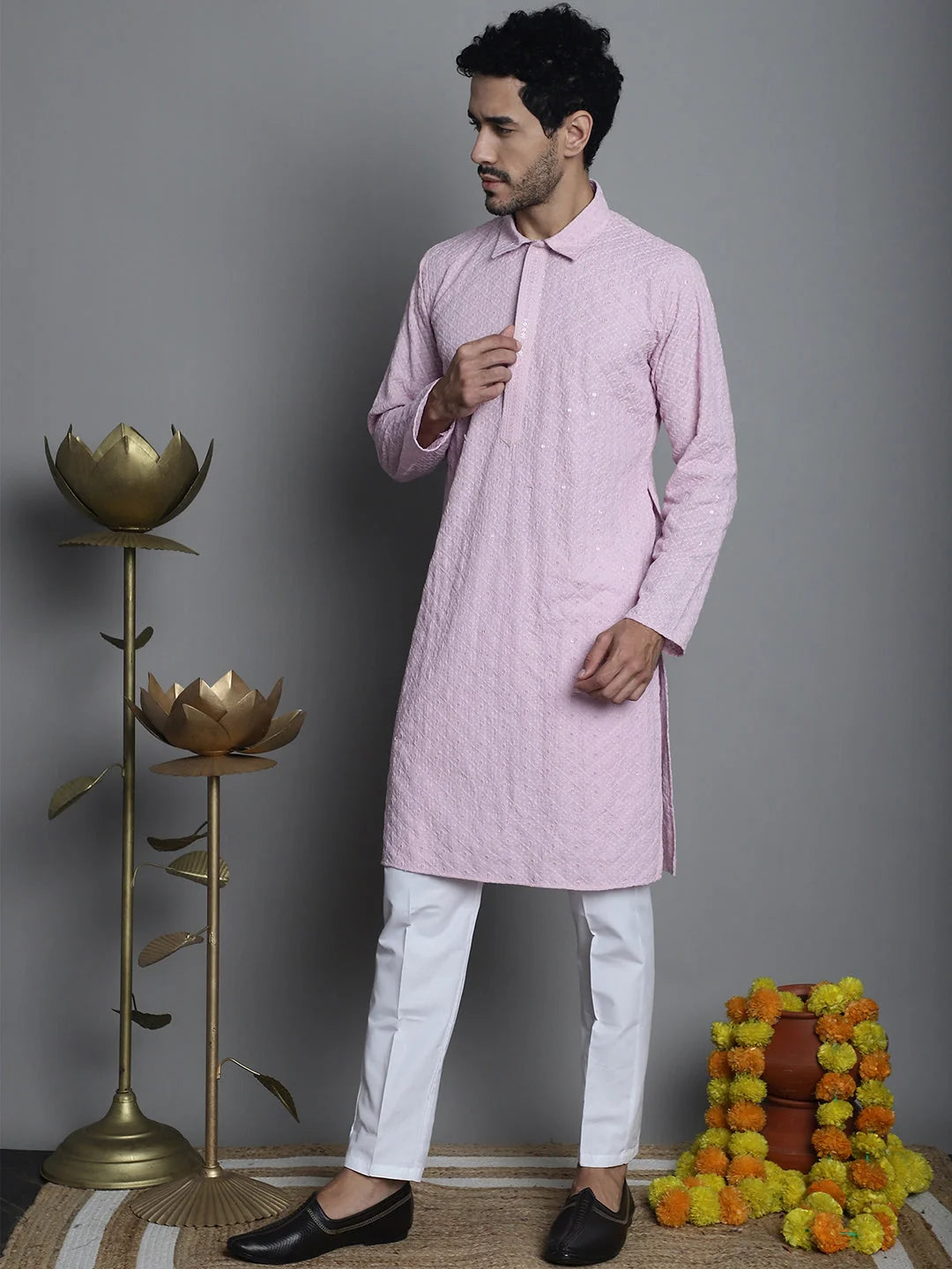 Rayon Kurta Pajama Set - Men's Chikankari Embroidery