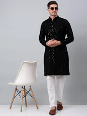 Men Black Embroidered Sequinned Kurta with Churidar