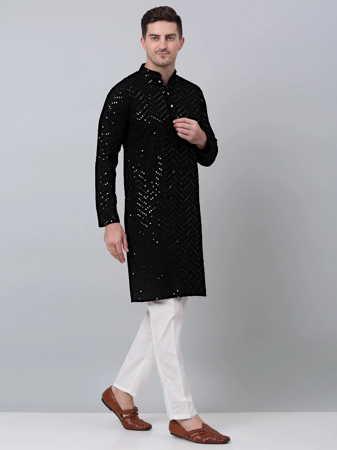 Black Embroidered Mens Kurta Pajama Set with Sequins