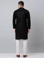 Men Black Embroidered Sequinned Kurta with Churidar