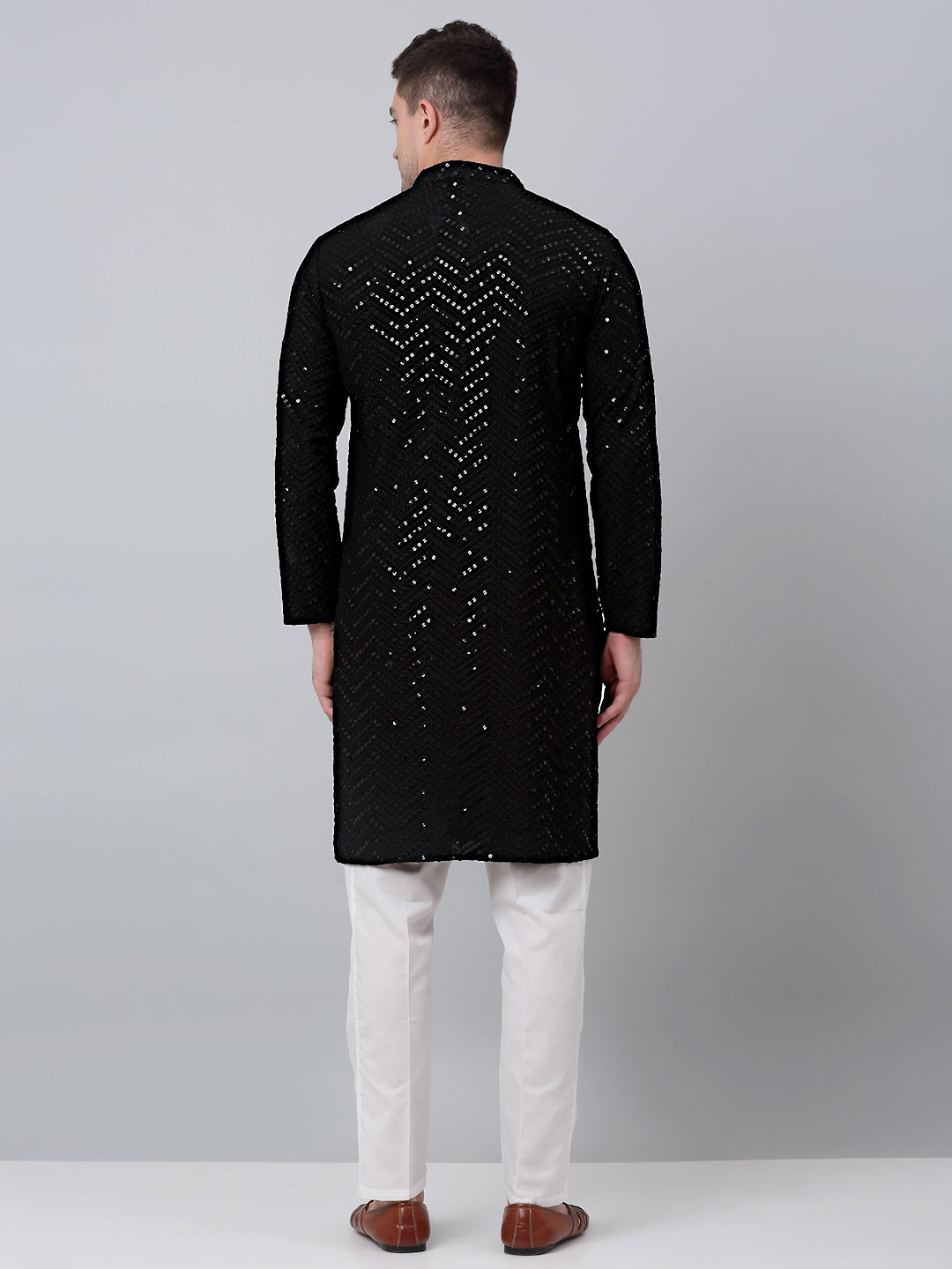 Black Embroidered Mens Kurta Pajama Set with Sequins