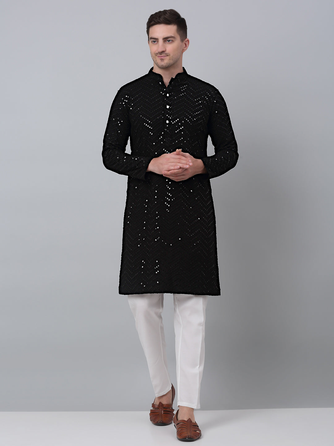Black Embroidered Mens Kurta Pajama Set with Sequins