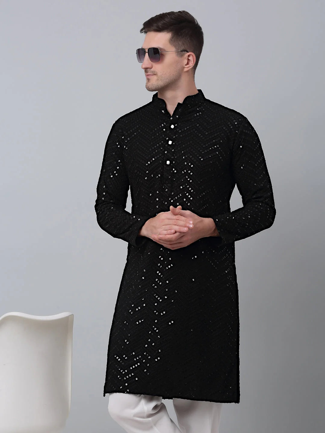 Black Embroidered Mens Kurta Pajama Set with Sequins