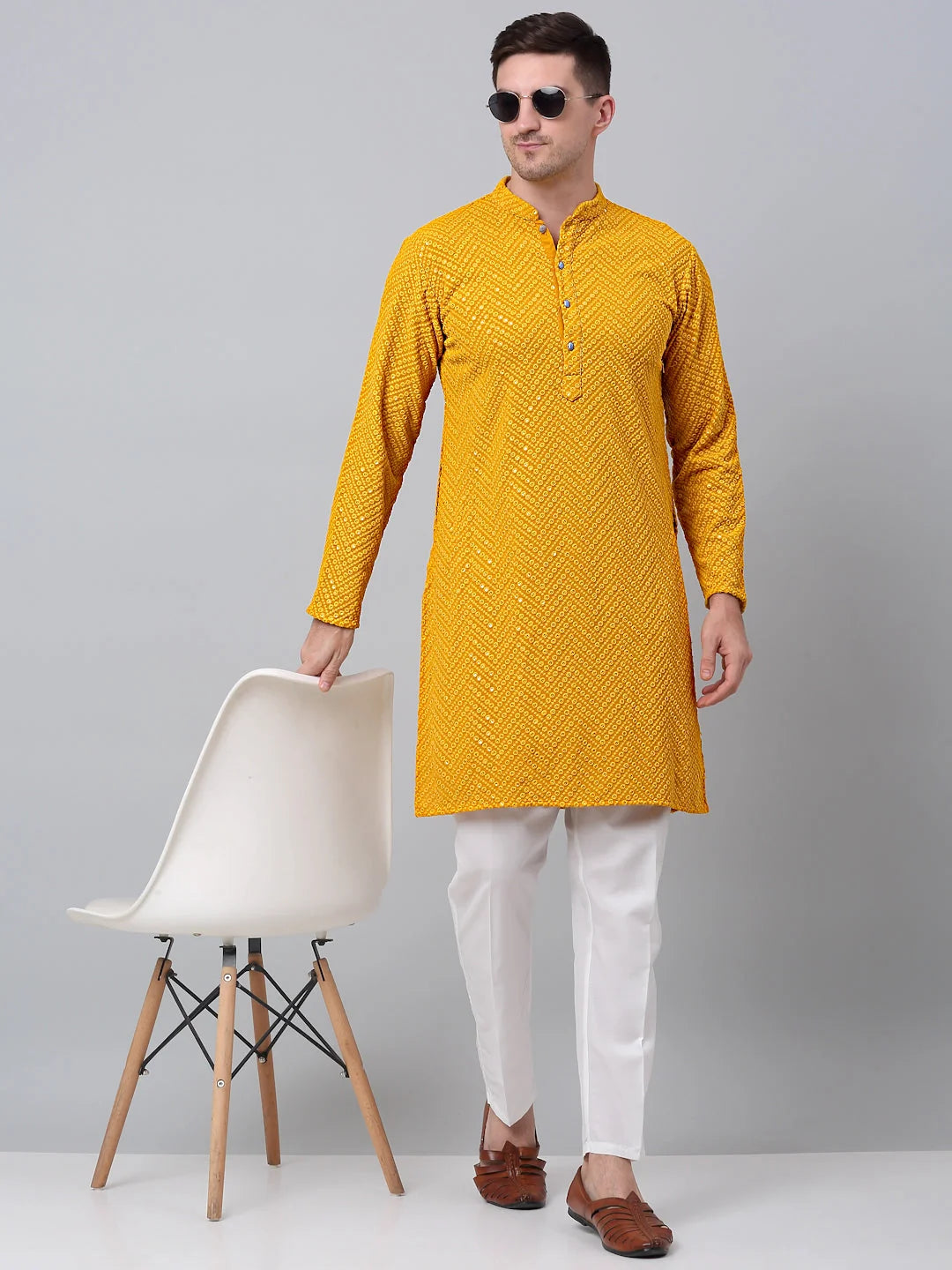 Mustard Embroidered Mens Kurta Pajama Set - Cotton Kurta Pajama
