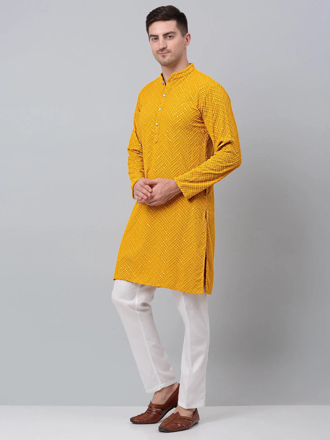Mustard Embroidered Mens Kurta Pajama Set - Cotton Kurta Pajama
