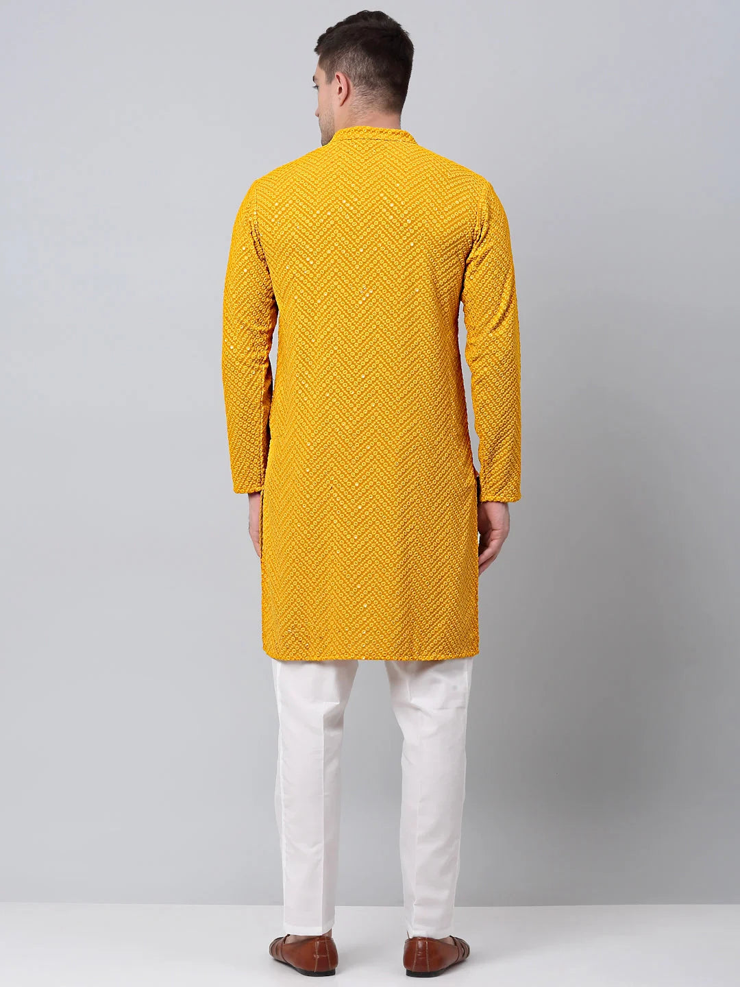 Mustard Embroidered Mens Kurta Pajama Set - Cotton Kurta Pajama