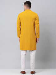 Men Mustard Embroidered Sequinned Kurta with Churidar