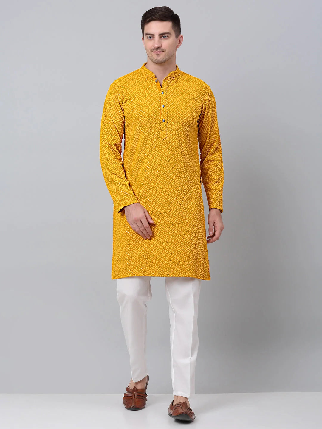 Mustard Embroidered Mens Kurta Pajama Set - Cotton Kurta Pajama
