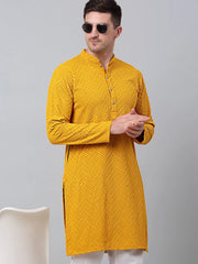 Men Mustard Embroidered Sequinned Kurta with Churidar
