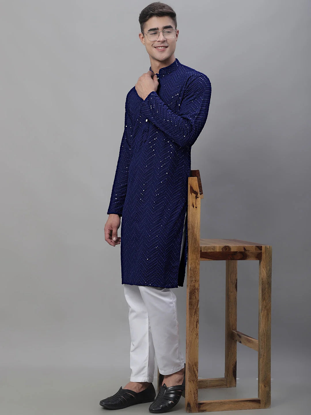 Navy Mens Kurta Pajama Set - Embroidered Cotton Kurta Churidar