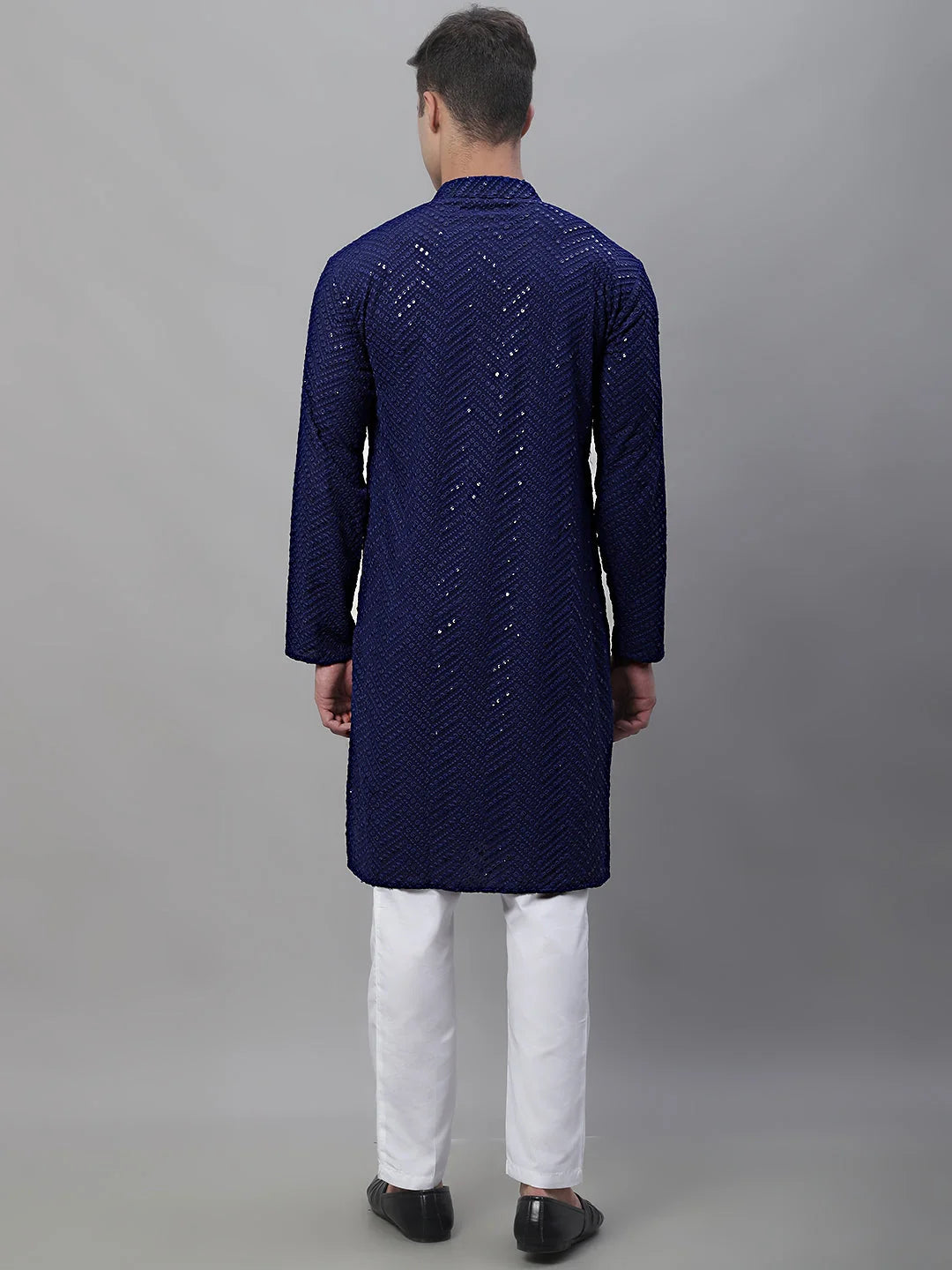 Navy Mens Kurta Pajama Set - Embroidered Cotton Kurta Churidar