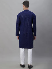 Men Navy Blue Embroidered Sequinned Kurta with Churidar